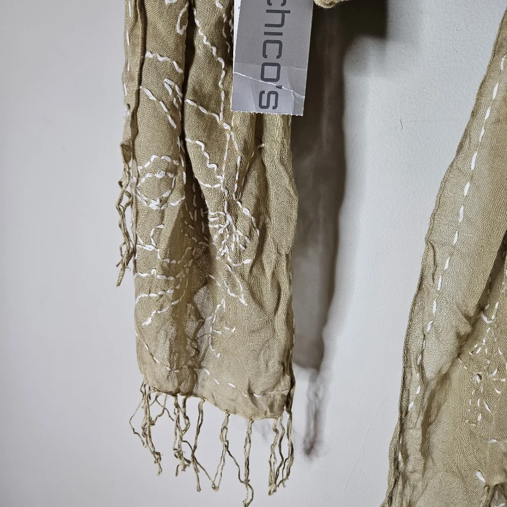 Chicos Driftwood Beige White Embroidered Scarf Wrap NWT